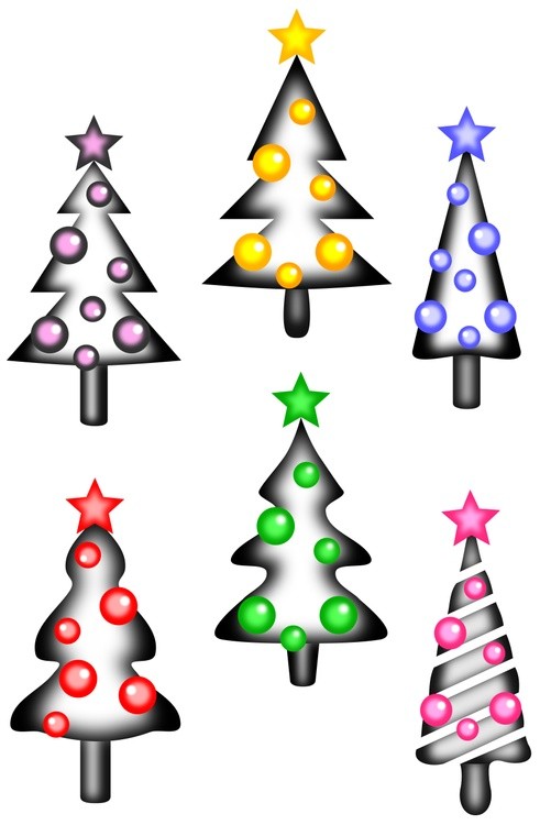 Black and white christmas trees with balls and stars