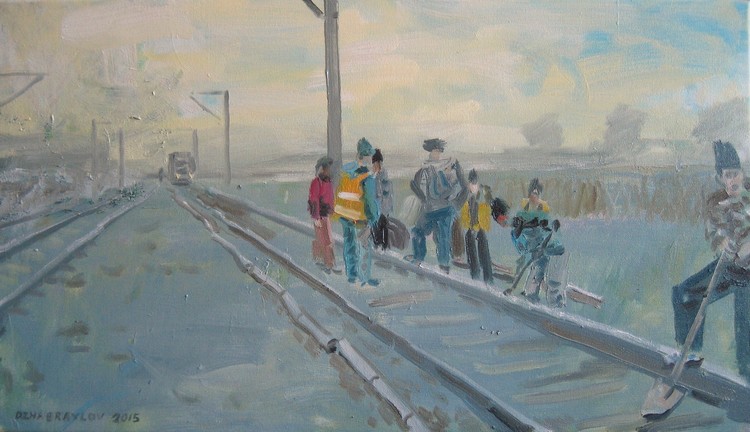 'RAILWAY WORKERS' 2015, oil on canvas 40x70cm.