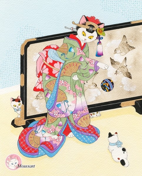 Young  noblewoman with cats and Temari