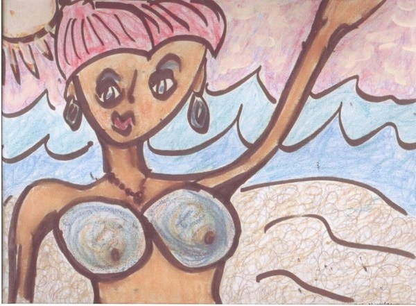Oh HI shouts Valley Girl at beach/(c)2002 elton houck 11x14 draw. pencils, lipstick,eye makeup