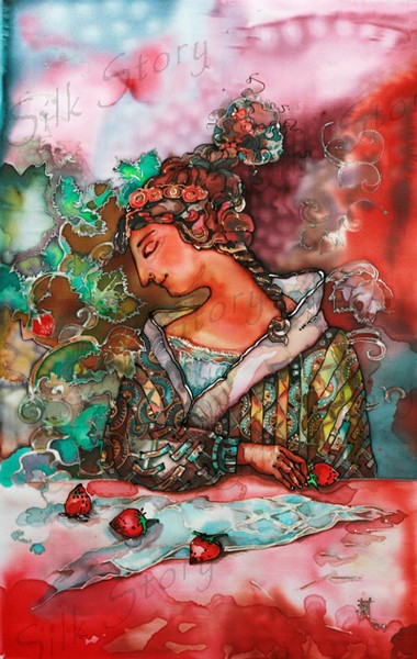 Strawberries. Painting on silk