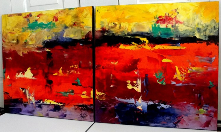 LARGE ORIGINAL OIL PAINTING Abstract Canvas Art Red Green 48x24 Eugenia Abramson