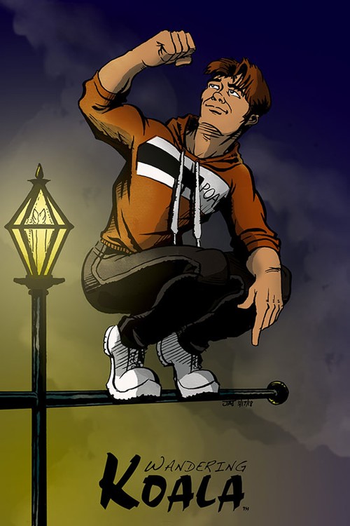 WK hunched on a Lamp Post