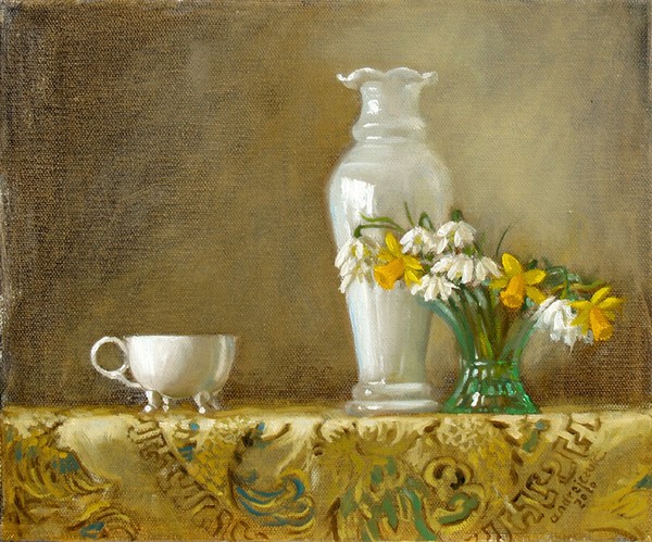 Snowdrops and white glass