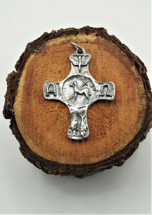Alpha and Omega Cross .ETSY , Silver. Catholics Christian.Made in Canada/USA Gomolka Art Studio