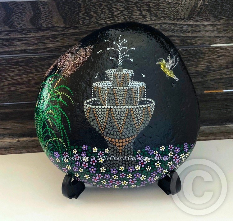 Goldfinch Water Fountain Dot Art River Stone