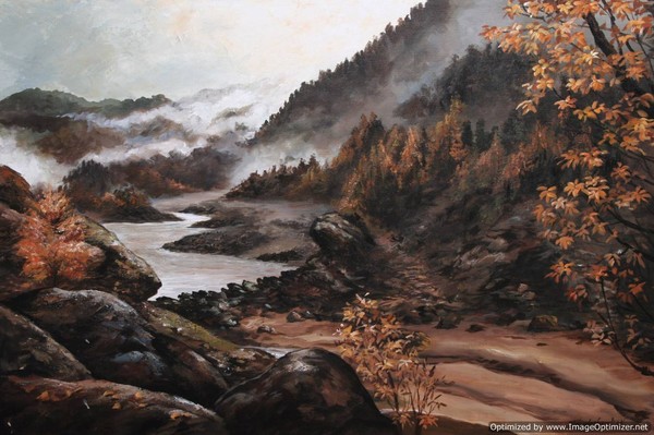 Red FOG Mountains acrylic painting. 18 x 24