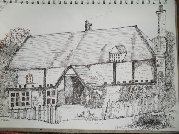Pen and ink drawing of an english country cottage