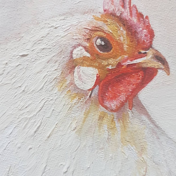 white chicken in acrylics on small canvas 2019 (finished piece)
