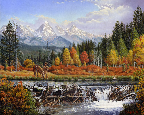 Mountain Man, Beaver Dam Landscape Oil Painting
