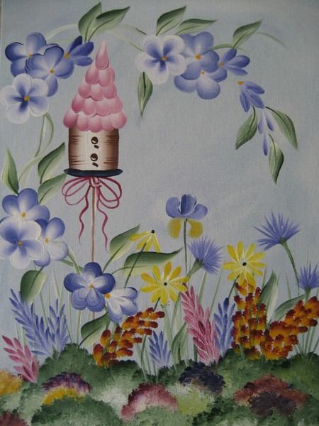 Rose with Wild flowers and Bird House