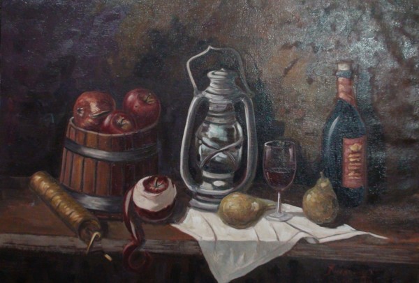 Still life with coffee grinder and lantern