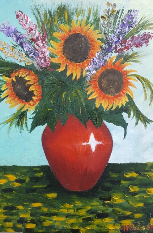 vase with three sunflowers 