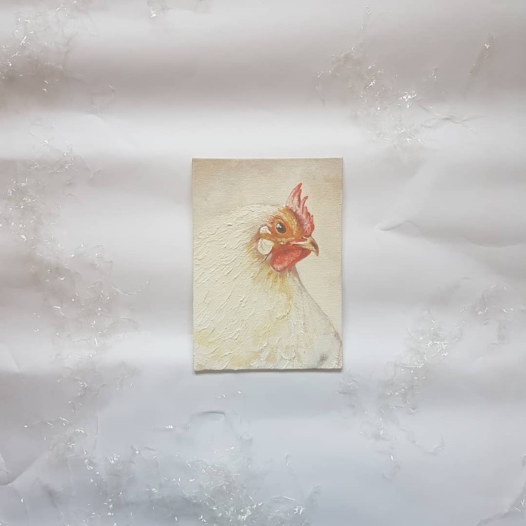 white chicken in acrylics on small canvas 2019 (angle 2)