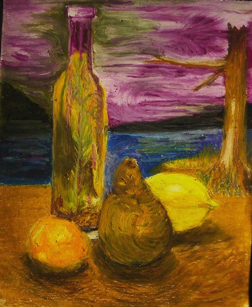 fruit and bottle on table with view