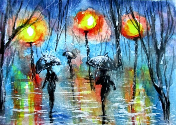 Rain umbrellas fantasy aceo painting