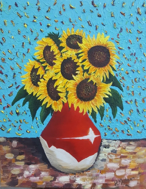 vase with seven sunflowers