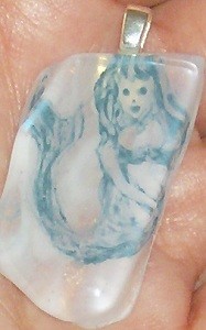 Teal Mermaid Pendant, Hand Painted Fused Glass