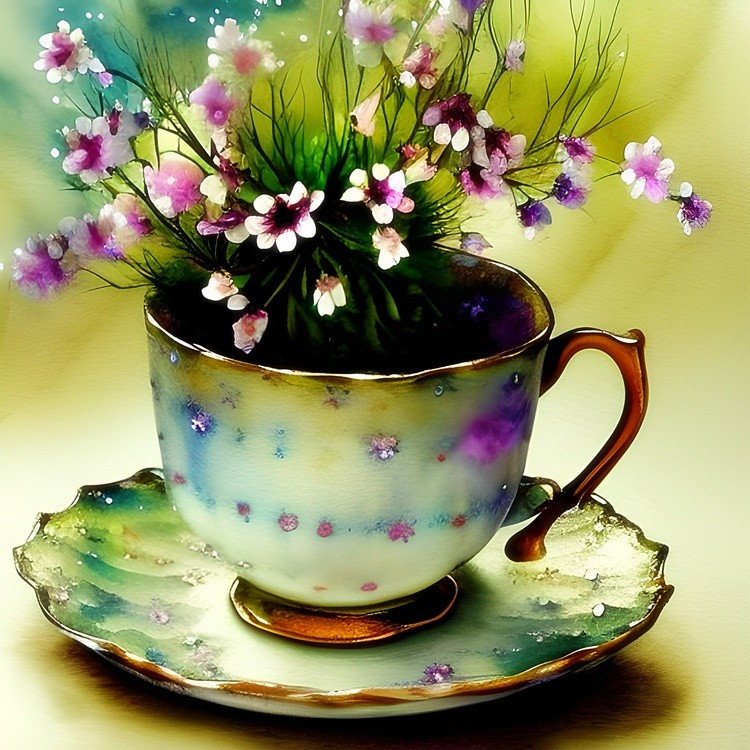 Watercolor violets in teacup