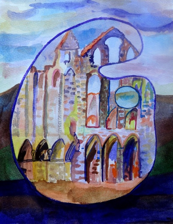 Palette with ruined cathedral