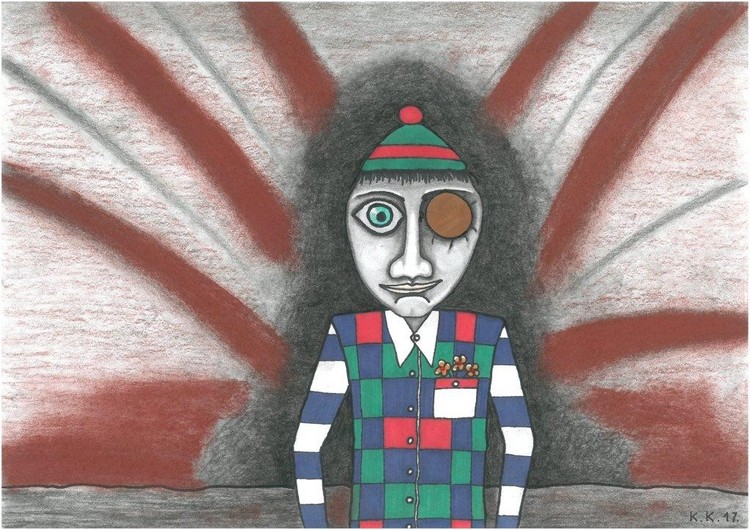 A boy with a wooden eye, contemporary art, fantasy story, for sale