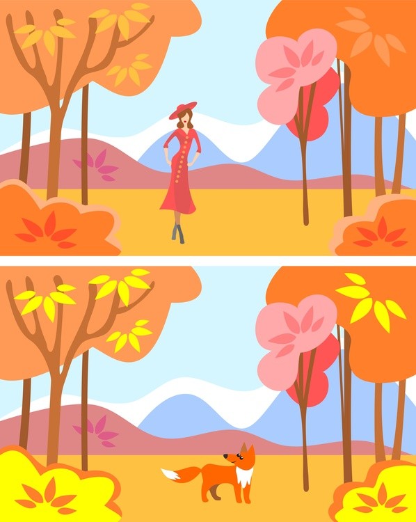 Autumn landscape with a girl in a red coat and a fox