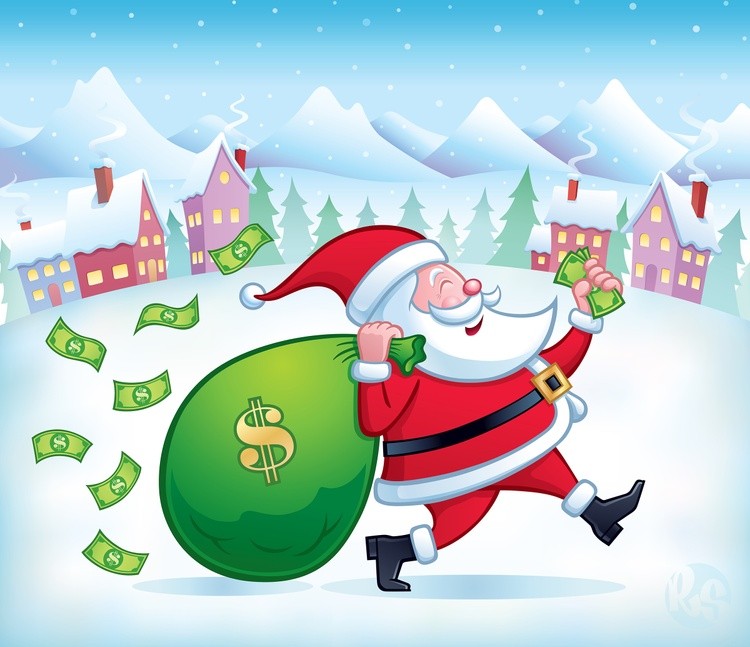 Santa Carrying Bag Of Money Across Snow