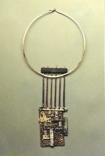 Wearable Art Sculptural Necklace made in 1991 ,silver ,gold ,ebony wood . Mir Gomolka Art(SOLD).fro