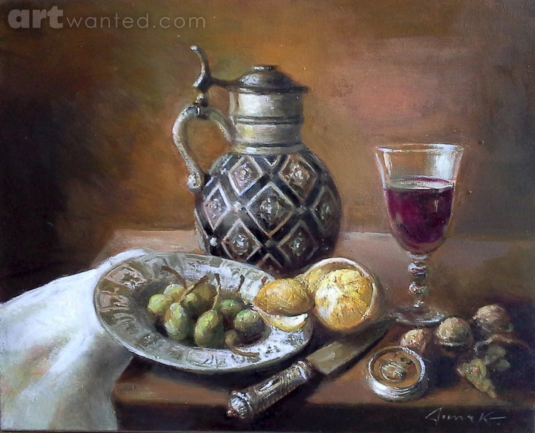 Still life with wine and pears
