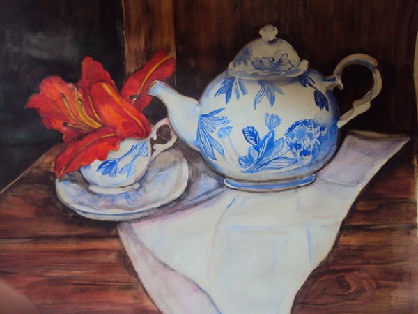Watercolor still life paintng original tea pot 