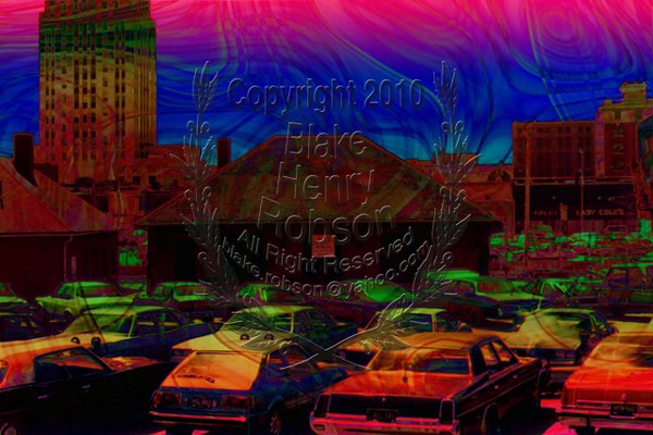 Parking lot urban buildings 1970s cars 