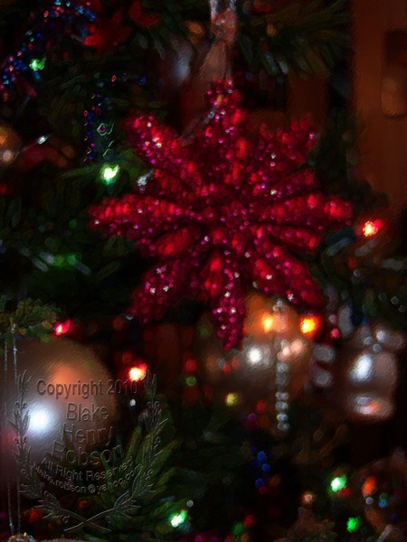 Christmas tree, ornaments, tinsel & colorful light