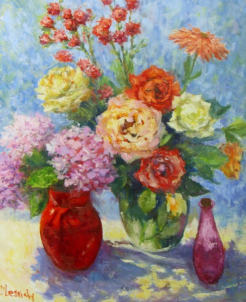 Still life with roses and hydreneas