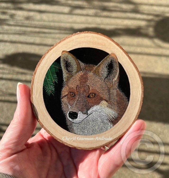 Red Fox Pointillism Wood Slice