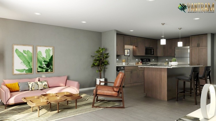 3d interior rendering of Excellent Living room-kitchen by 3D Architectural animation