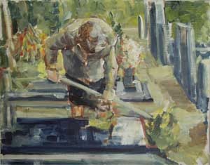 old woman garding a grave