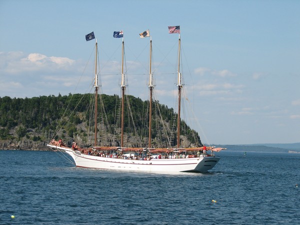 Tallship sailing in Acadian harbor