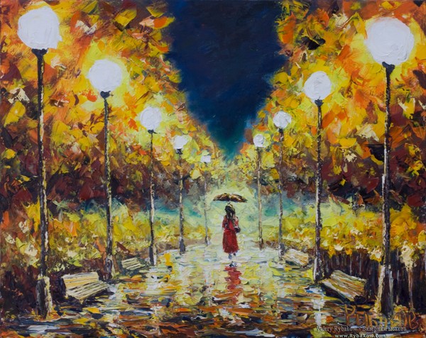Night city landscape painting: Loneliness in night