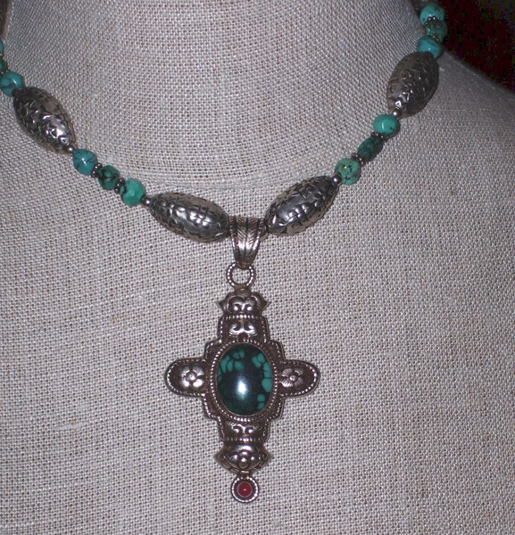 Tibetan Silver and Cross Turquoise Necklace 
