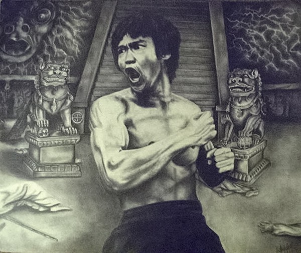Commissioned Bruce Lee Portrait w/ Foo dogs