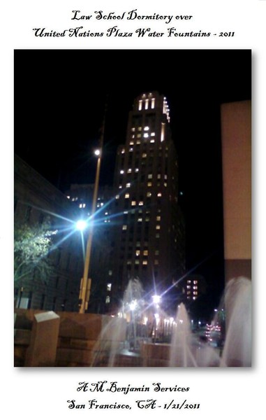 Law School Dormitory at night above fountains