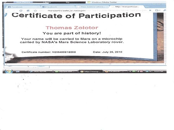 My certificate of my name on Mars