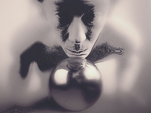 A tough face leaning on the ball of glass