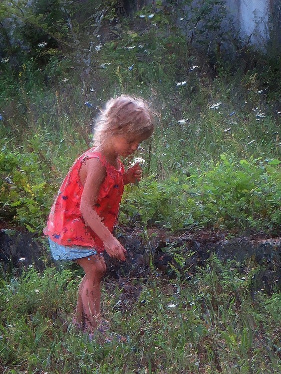Vika picking flowers