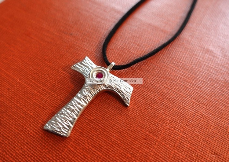 Tau Cross Pendant Sterling Silver Ruby gem stone  Gomolk Art