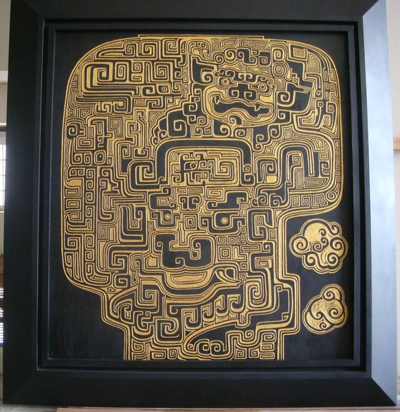 Oriental woodcut gold acrylic & ink painting