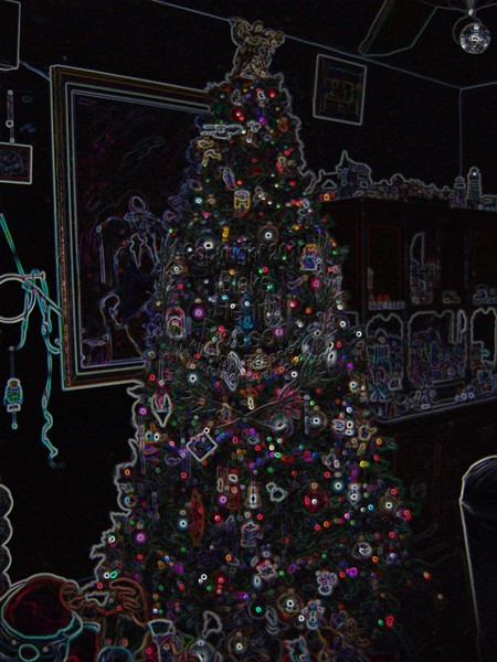 Christmas tree, ornaments, tinsel & colorful light