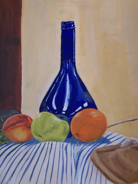blue bottle with fruit