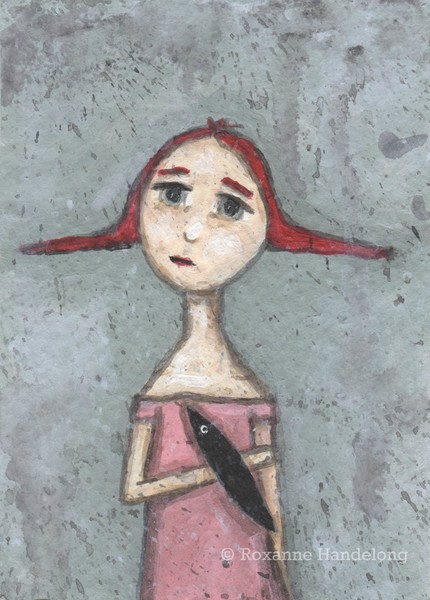 Aceo Original Painting Girl With Crow 