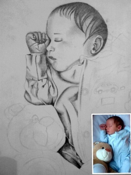 commissioned baby portrait, graphite and biro 